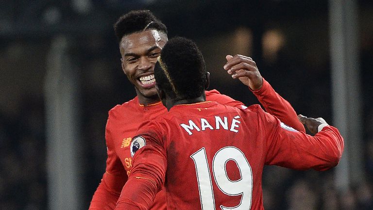 Daniel Sturridge and Sadio Mane celebrate after combining for Liverpool's goal in their 1-0 Premier League win at Everton