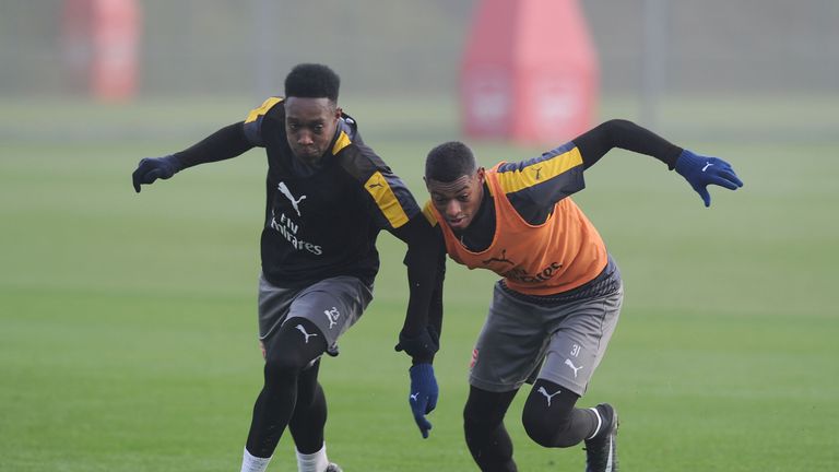 Danny Welbeck and Jeff Reine-Adelaide during an Arsenal training session on Wednesday