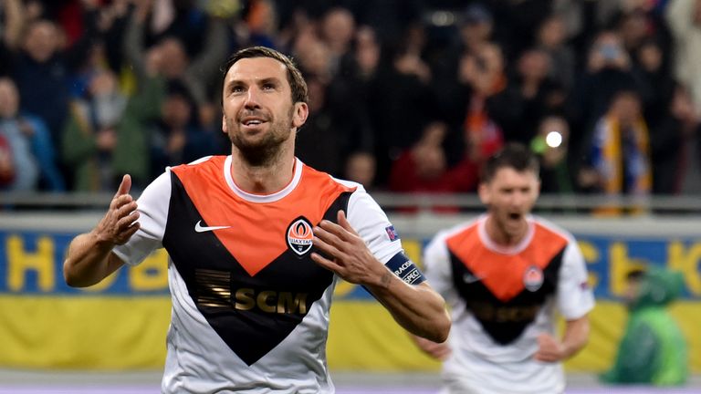 FC Shakhtar's Darijo Srna celebrates after scoring a goal during the UEFA Europa League quarter finals second leg football match against SC Braga