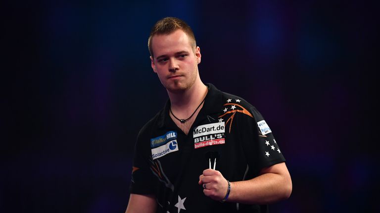 Max Hopp reacts during his first round match against Vincent van der Voort 