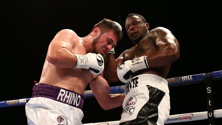 LEEDS, ENGLAND - JULY 30:  Dillian Whyte(R) in action against Dave Allen in their Vacant WBC International Heavyweight Championship fight at First Direct A