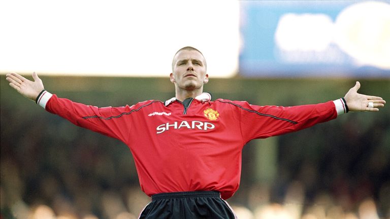 18 Mar 2000:  David Beckham of Manchester United milks the applause after scoring in the FA Carling Premiership match against Leicester City at Filbert Str