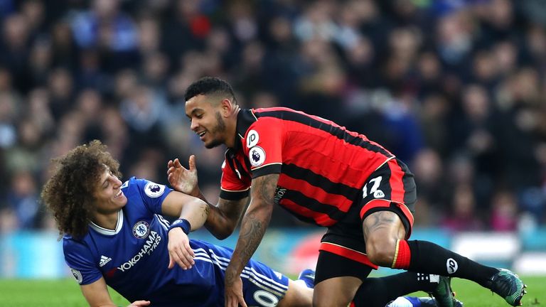 LONDON, ENGLAND - DECEMBER 26:  David Luiz of Chelsea and Joshua King of AFC Bournemouth joke during the Premier League match between Chelsea and AFC Bourn