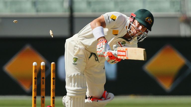 MELBOURNE, AUSTRALIA - DECEMBER 28:  David Warner of Australia is bowled off a no-ball by Wahab Riaz of India during day three of the Second Test match bet