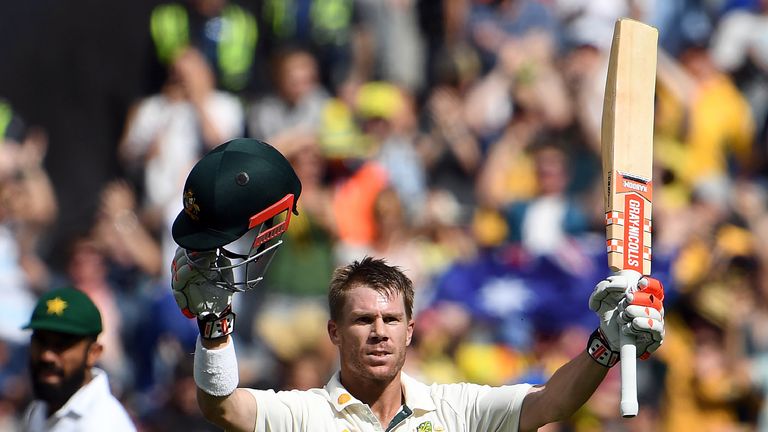 David Warner celebrates his century against Pakistan on day three of the second Test