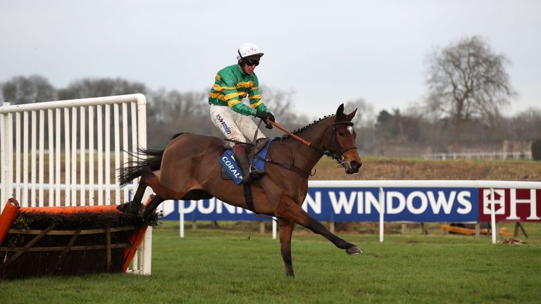 Defi Du Seuil ridden by jockey Richard Johnson jumps the final hurdle to win The coral.co.ukFuture Champions Finale Juvenile Hurdle at Chepstow Racecourse.