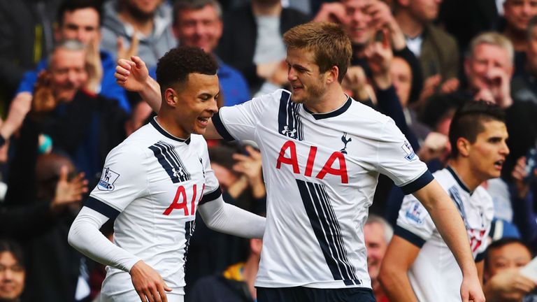 LONDON, ENGLAND - APRIL 10:  Dele Alli of Tottenham Hotspur celebrates with Eric Dier as he scores their first goal during the Barclays Premier League matc