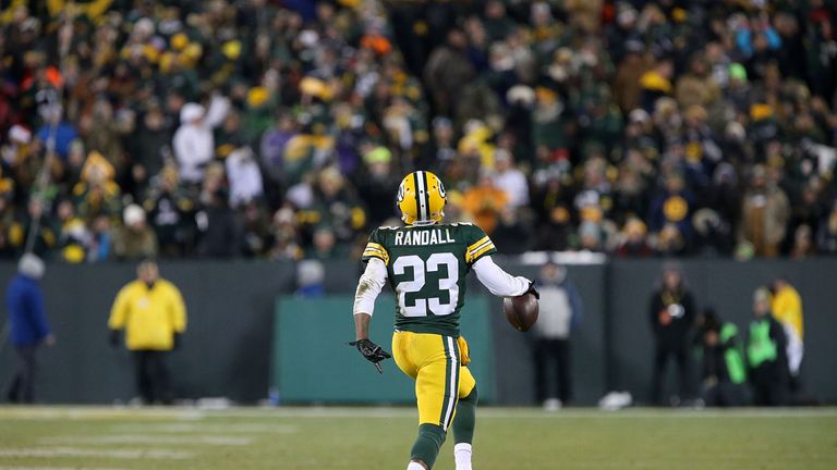 GREEN BAY, WI - DECEMBER 11: Damarious Randall #23 of the Green Bay Packers celebrates an interception during the first half of a game against the Seattle 