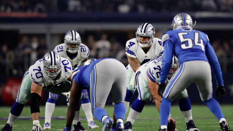 ARLINGTON, TX - DECEMBER 26: Dak Prescott #4 of the Dallas Cowboys looks across the line of scrimmage over teammate Zack Martin #70 as the Cowboys take on 