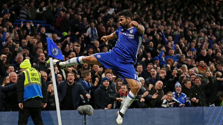 Diego Costa celebrates scoring Chelsea's fourth goal in a 4-2 win at Stamford Bridge