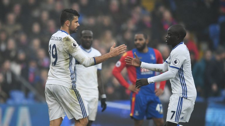 LONDON, ENGLAND - DECEMBER 17: Diego Costa of Chelsea (L) celebrates scoring his sides first goal with N'Golo Kante of Chelsea (R) during the Premier Leagu