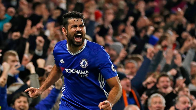 Diego Costa celebrates scoring Chelsea's fourth goal in a 4-2 win at Stamford Bridge