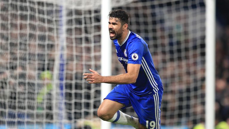 Chelsea's Diego Costa celebrates scoring his side's fourth goal of the game during the Premier League match at Stamford Bridge, London.