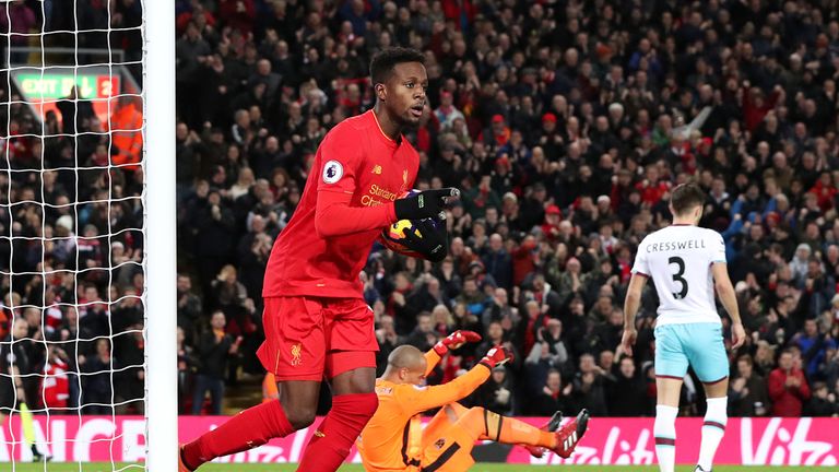 Liverpool's Divock Origi celebrates scoring his side's second goal 