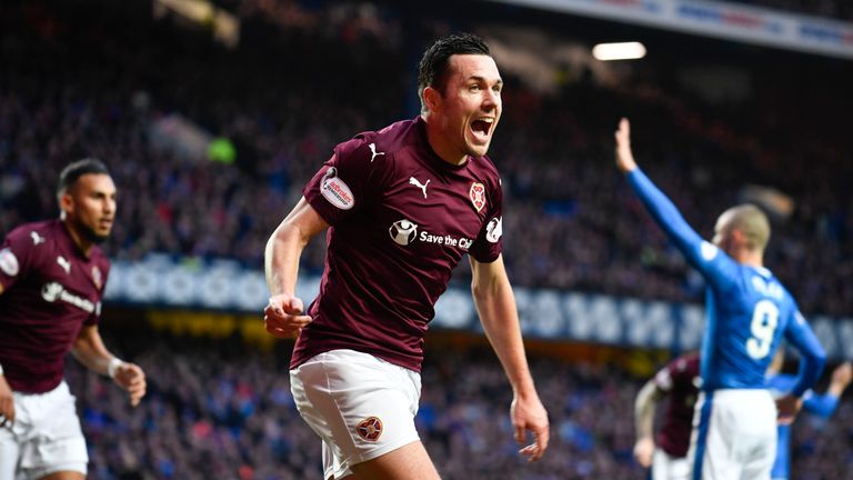 10/12/16 LADBROKES PREMIERSHIP .  RANGERS v HEARTS .  IBROX - GLASGOW .  Hearts' Don Cowie celebrates but his goal is ruled out for offside