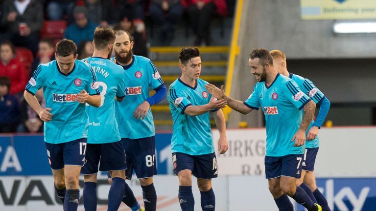 Hamilton's Dougie Imrie (right) celebrates scoring from the spot