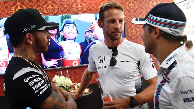 Lewis Hamilton, Jenson Button and Felipe Massa at The Dog and Button, the specially-made 'pub' at McLaren for JB's 300th race - Picture from Sutton Images 