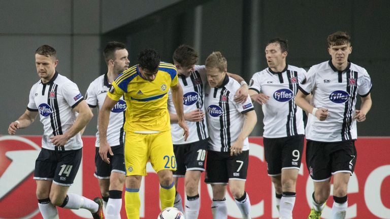 Dundalk's players celebrate after scoring a goal during their UEFA Europa League group D football match against Maccabi Tel Aviv