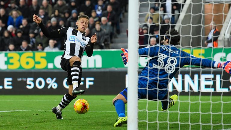 Dwight Gayle scores Newcastle's third goal against Nottingham Forest