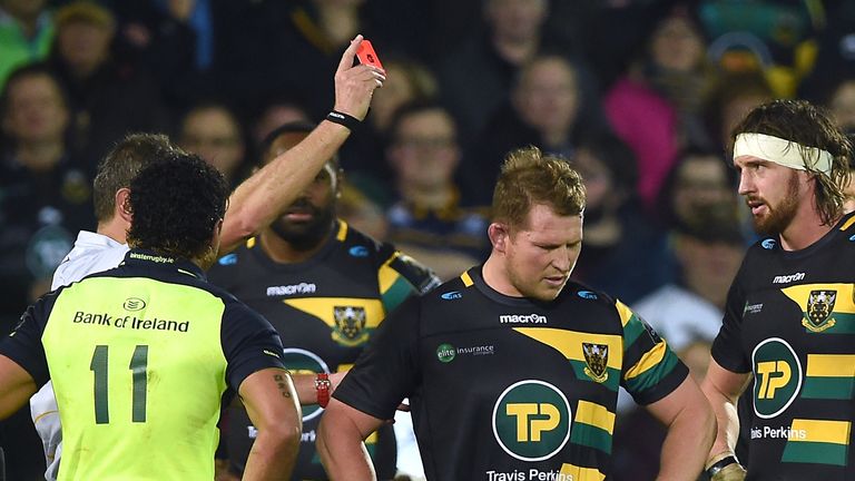 Northampton Saints' Dylan Hartley is shown a red card by referee Jerome Garces during the European Champions Cup match at Franklin's Gardens, Northampton.