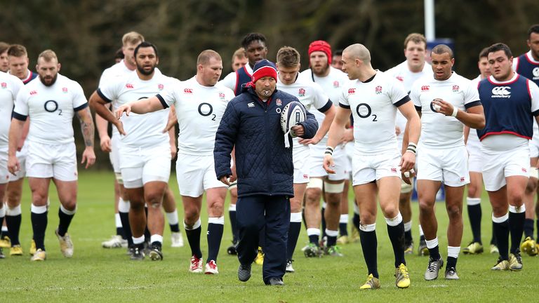 Eddie Jones leads his team during the England training session held at Pennyhill Park on February
