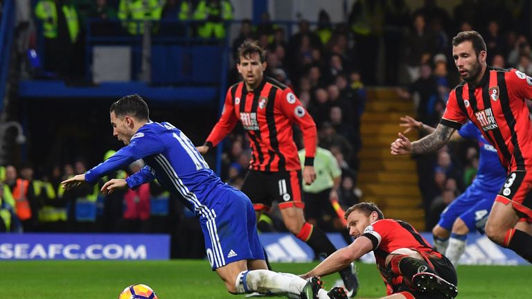 Chelsea's Belgian midfielder Eden Hazard (L) is brought down in the box by Bournemouth's English defender Simon Francis (2R) to win a penalty during the En