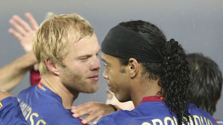 YOKOHAMA, JAPAN - DECEMBER 14: Eidur Gudjohnsen of FC Barcelona celebrates with Ronaldinho after scoring goal during the FIFA Club World Cup Japan 2006 Sem