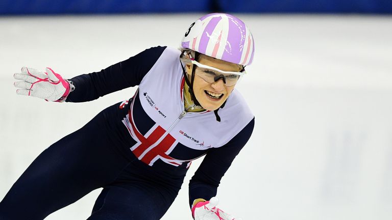 Elise Christie of Britain reacts after winning in the women's 500m final at the ISU World Cup Short Track speed skating event in Shanghai December 10, 2016