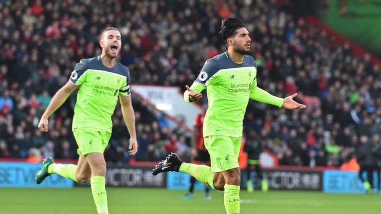 Emre Can goal celeb, Jordan Henderson, Bournemouth v Liverpool. Premier League