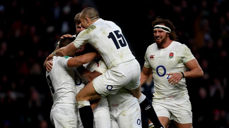 LONDON, ENGLAND - DECEMBER 03:  Ben Youngs of England (L) celebrates scoring his sides third try with his England team mates during the Old Mutual Wealth S