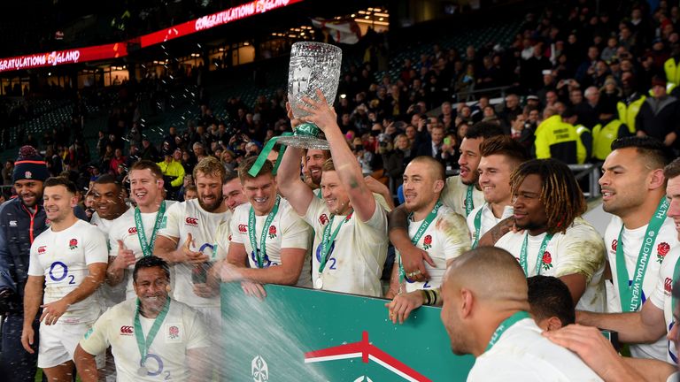 LONDON, ENGLAND - DECEMBER 03: Dylan Hartley of England (C) celebrate with the trophy after winning the Old Mutual Wealth Series during the Old Mutual Weal