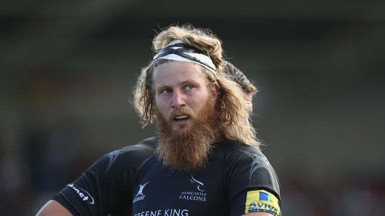 NEWCASTLE UPON TYNE, ENGLAND - SEPTEMBER 18:  Evan Olmstead of Newcastle looks on during the Aviva Premiership match between Newcastle Falcons and Leiceste