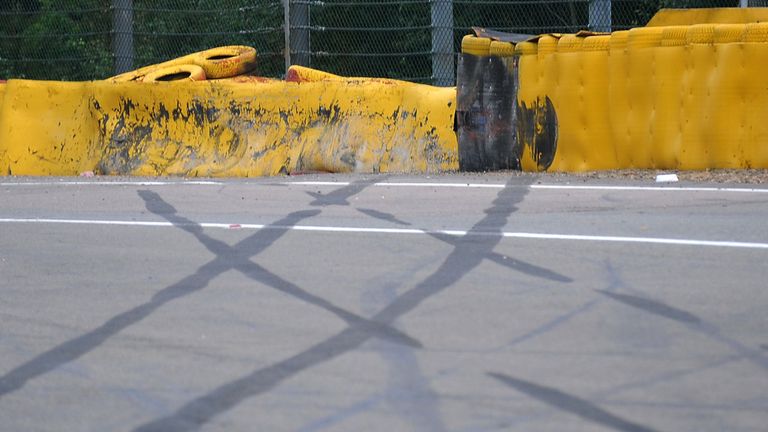 The tell-tale skid marks left by Kevin Magnussen's crashed Renault during the Belgian GP - Picture from Sutton Images  