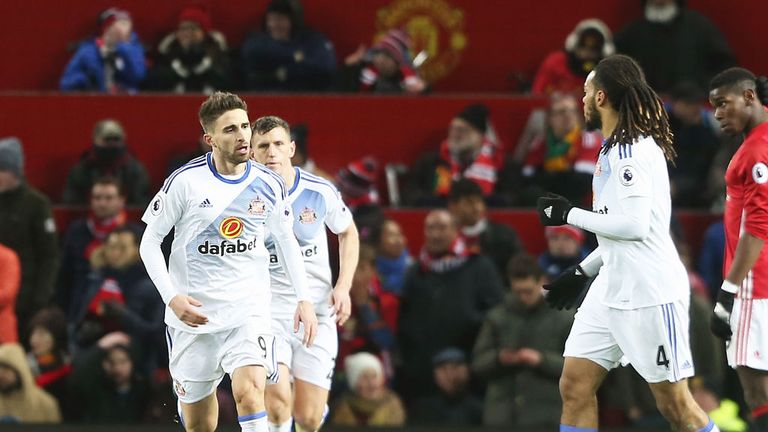 Fabio Borini (L) after his goal for Sunderland at Old Trafford