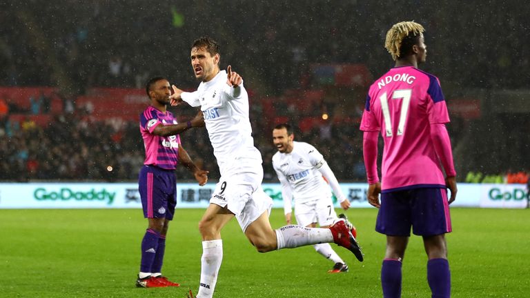 SWANSEA, WALES - DECEMBER 10: Fernando Llorente of Swansea City celebrates scoring his sides second goal during the Premier League match between Swansea Ci