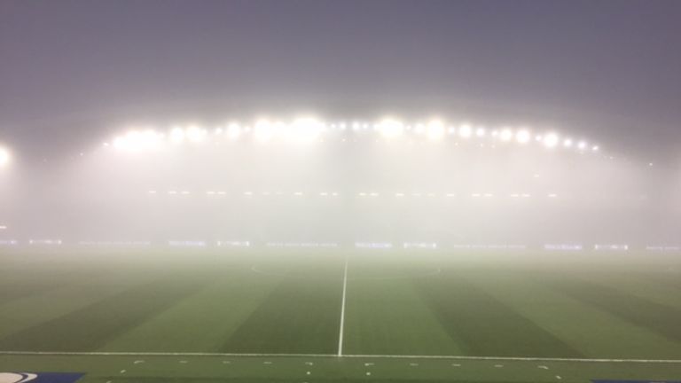 The Amex Stadium is shrouded in fog on Friday night