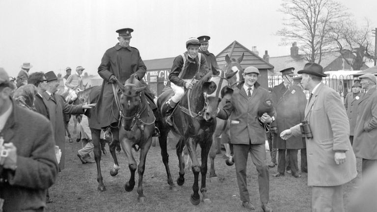 'Foinavon' and jockey John Buckingham, 26, after winning the Grand National at Aintree, Liverpool. The horse is owned by Cyril Watkins.
