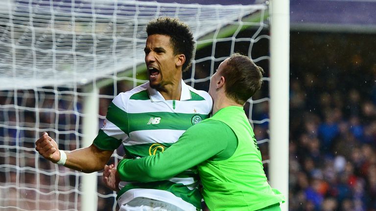 Scott Sinclair celebrates after giving Celtic a 2-1 lead against Rangers