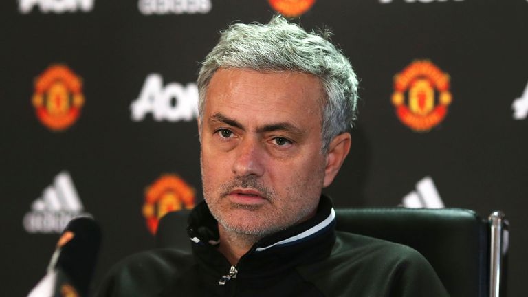 Jose Mourinho speaks during a press conference at Aon Training Complex
