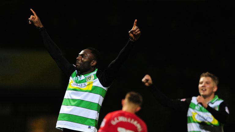 Francois Zoko of Yeovil Town celebrates his side's second goal during the EFL Checkatrade Trophy second round match against MK Dons