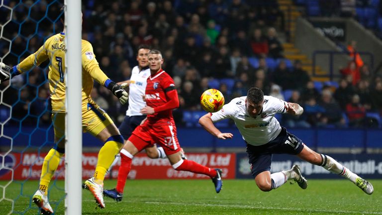 Bolton Wanderers Gary Madine scores his teams first goal past Gillingham FC's Stuart Nelson