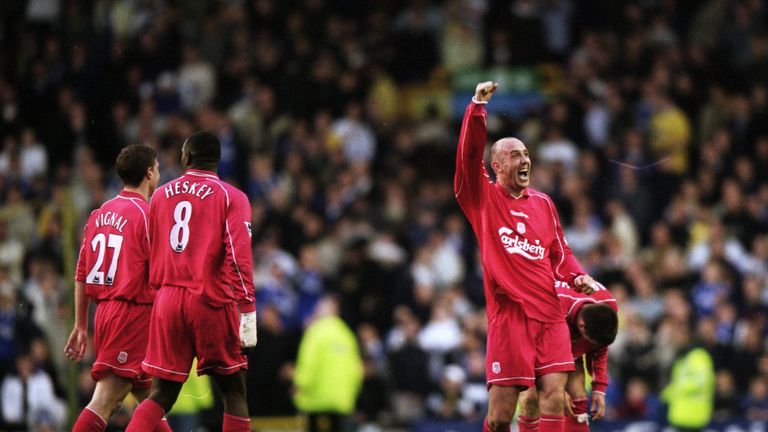 16 Apr 2001:  Gary McAllister of Liverpool celebrates his amazing winner during the FA Carling Premiership match against Everton played at Goodison Park, i