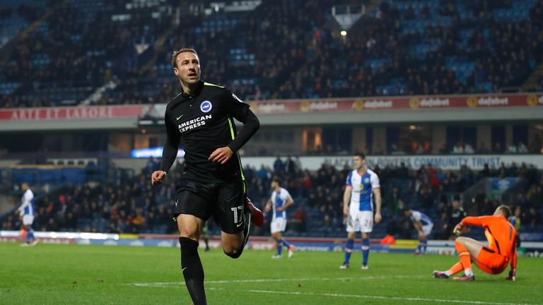 Brighton and Hove Albion's Glenn Murray celebrates scoring his teams 3rd goal against Blackburn Rovers, during the Sky Bet Championship match at Ewood Park