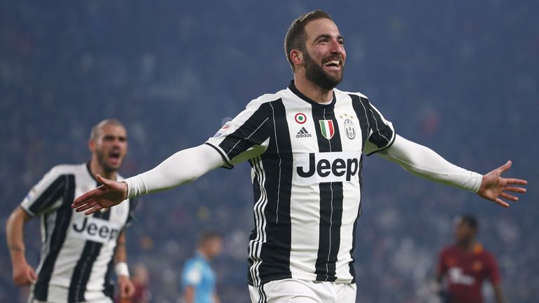 Juventus' Argentinian forward Gonzalo Higuain celebrates after scoring a goal during the Italian Serie A football match between Juventus and As Roma on Dec