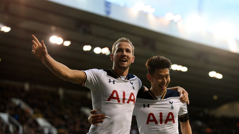 Tottenham Hotspur's Harry Kane (left) celebrates with team-mate Son Heung-Min (right) after scoring his side's first goal of the game during the Premier Le