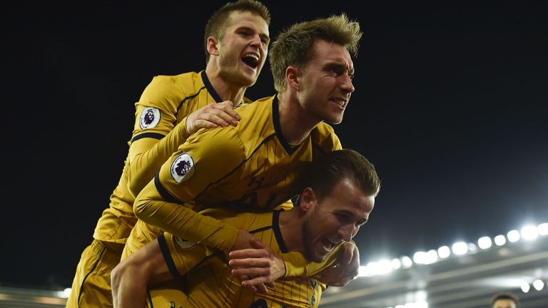 Tottenham Hotspur's Harry Kane (R) celebrates scoring their second goal v Southampton with Christian Eriksen
