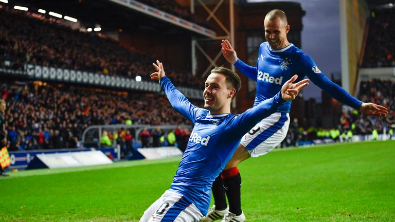 10/12/16 LADBROKES PREMIERSHIP .  RANGERS v HEARTS .  IBROX - GLASGOW .  Rangers' Barrie McKay celebrates his goal