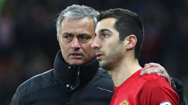 Jose Mourinho speaks to Henrikh Mkhitaryan as he prepares to come on for Manchester United