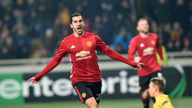 Manchester United's Armenian midfielder Henrikh Mkhitaryan celebrates after scoring a goal during the UEFA Europa League football match between FC Zorya Lu