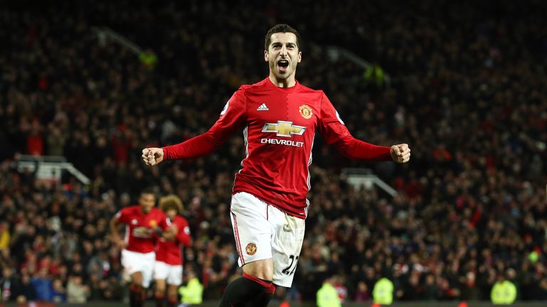 Henrikh Mkhitaryan celebrates after giving Manchester United a 3-0 lead
